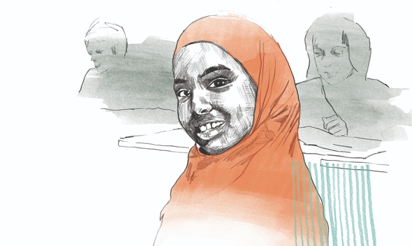 Illustration av en ung kvinna som ler och två otydliga personer bakom