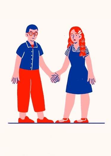 Illustration av kille och en tjej som inte ser glad ut. De håller varandra i handen.