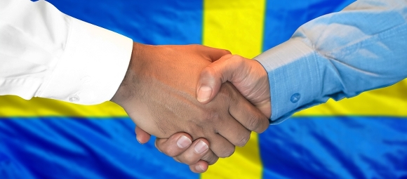 Ett handslag framför en svensk flagga
