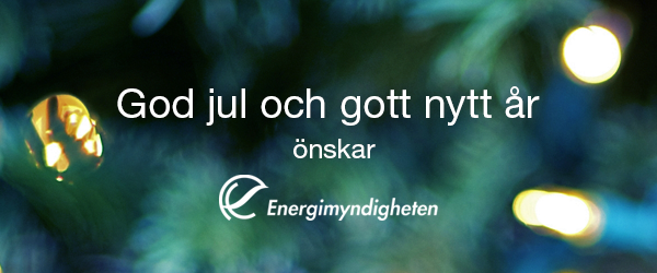 Julkort med texten "God jul och gott nytt år önskar Energimyndigheten. Julkortet är grönt med lysande guldskimmer.