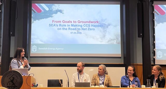 En talare som tittar på panelen med två kvinnor och en man. Bakom dem en power point där det står; From goals to Groundwork