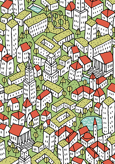Illustration av stad med massor av vita hus med gröna och röda tak