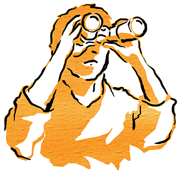Illustration i orange av en person som står och spanar i en kikare