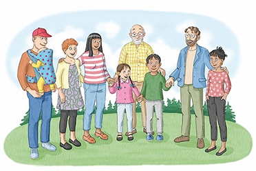 Illustration av vuxna och barn i olika åldrar som står tillsammans i en halvcirkel på gräs