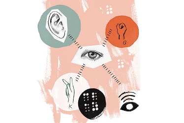 Illustration som symboliserar tillgänglighet, med ett öga, ett öra, hand som tecknar etc.