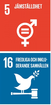 Symbolerna för Agenda 2030 mål 5 jämställdhet och mål 16 fredliga och inkluderande samhällen