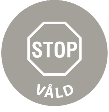 En grå cirkel med en stoppskylt och orden STOP VÅLD