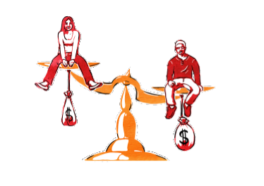 Illustration av en man och en kvinna med pengapåsar som sitter på en balansvåg, kvinnan är lättare (har mindre i sin pengapåse)