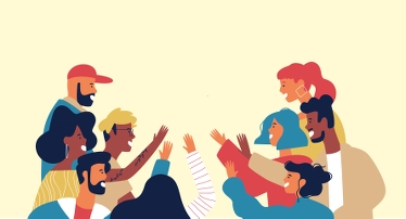 Illustration av en grupp människor som gör high five