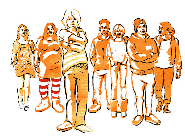 Illustration i orange över en grupp med sju ungdomar.