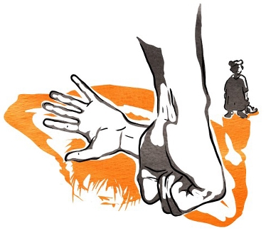 Illustration av ett knytnävsslag mot en skyddande arm.