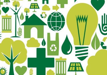 Ett virrvarr av gröna illustrationer av till exempel hus, träd och glödlampor.