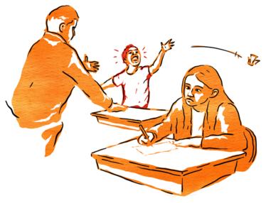 Illustration i orange av en situation i ett klassrum då en elev kastar något på en annan.