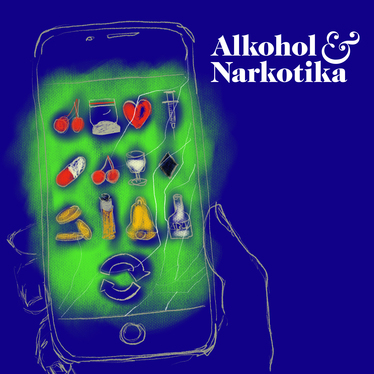 Illustration av en mobiltelefon där apparna ser ut som vinglas, piller etc.