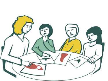 Tre elever och en lärare tittar på bilder