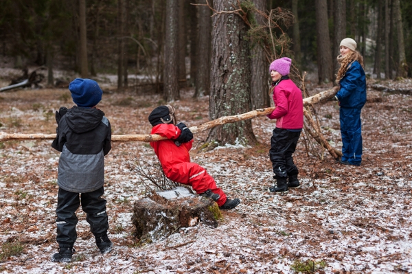 Fyra barn leker med lång trädgren