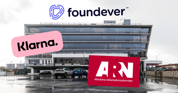 Foundevers kontorsbyggnad på Cypern under molnig himmel med logotyper för "foundever", "Klarna" och "ARN".
