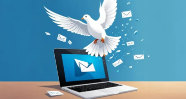 En teckning på en brevduva ovanför en bärbar dator.