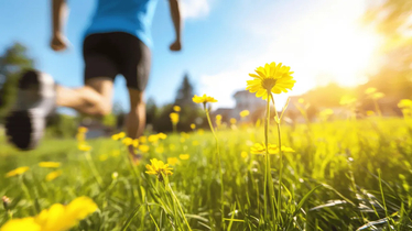 En gul blomstrande äng med en löpare i bakgrunden