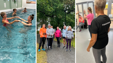 Foton som kollage, en grupp i en bassäng, en grupp ute på promenad och en grupp inomhus som tränar.