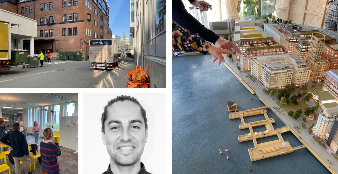 Kollage av stadsliv och arbete: transport och logistik, modell av modern stadsutveckling, kontor och porträtt av en leende man.