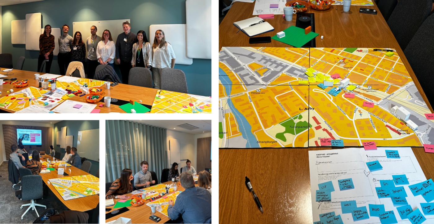 Kollage av företagsmöten och workshops med stadskartor och post-it-lappar.