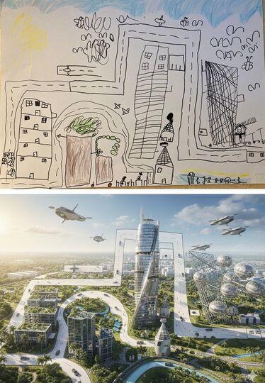 En teckning av en stadskärna har tolkats av AI