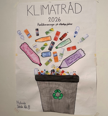Nyboda skolas affisch om pantinsamling på offentliga platser 