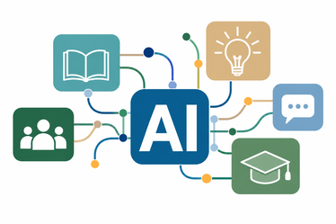 skiss med pictogram om hur AI kan användas i undervisningen och verksamheten, med stöd av forskning, erfarenhetsutbyte och kollegialt lärande.