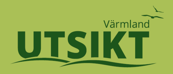 Grönt grafiskt element med texten "Utsikt" och silhuetten av en kulle samt två flygande fåglar, med tillägg av "Värmland" under.