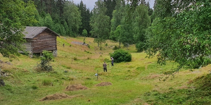 Grön äng med slåtterrester två personer med lie i fjärran och en gammal trälada vid skogskanten