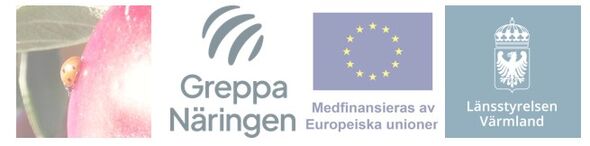 Nycckelpiga på äpple, Greppa näringen logotyp, EU-flaggan och länsstyrelsen Värmlands logotyp
