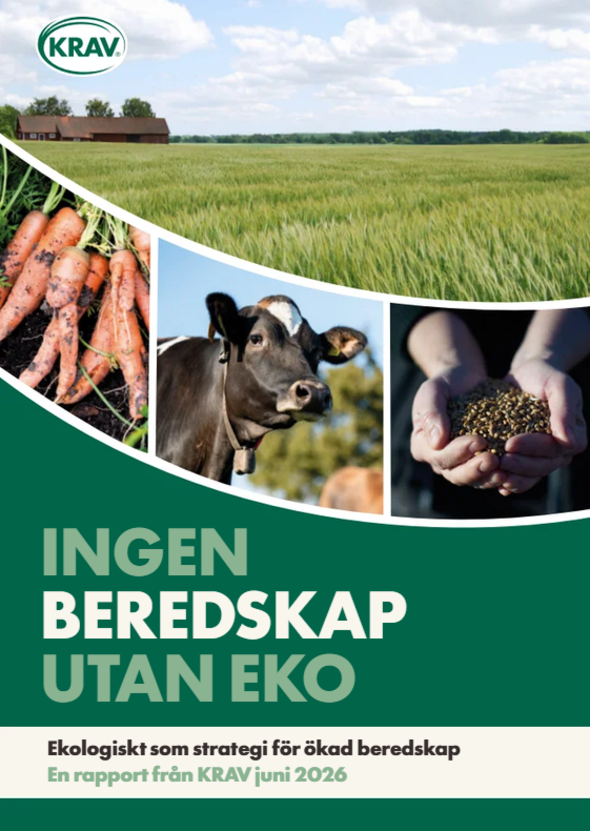 Omslag med åker, morötter, ko och händer som håller frön samt texten "Ingen beredskap utan eko"