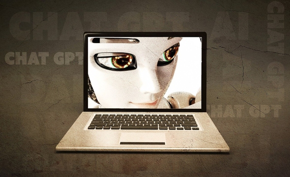 Laptop med ett robotliknande ansikte på skärmen och texten chatgpt i bakgrunden.