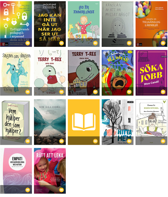 Samling av olika böcker med färgglada omslag.