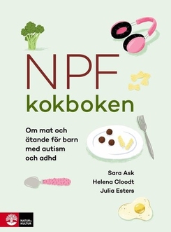 Omslagsbild på boken "NPF-kokboken" med titeln och illustrationer av köksredskap och mat.