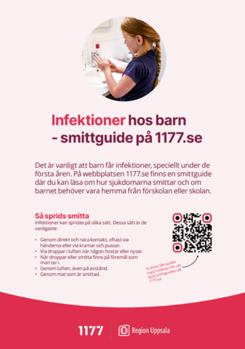 Affisch från 1177 och Region Uppsala om infektioner hos barn och att det finns en smittguide på 1177.se