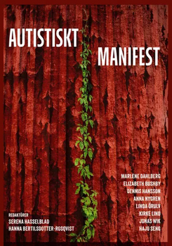 Omslag till boken "Autistiskt Manifest" med en grön växt slingrande ned för en röd trädbakgrund.