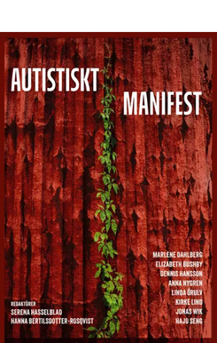 Omslag till boken "Autistiskt Manifest" med en grön växt slingrande ned för en röd trädbakgrund.