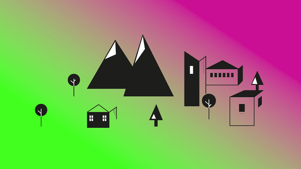 Abstrakt illustration av berg, träd och byggnader på en rosa och grön bakgrund.