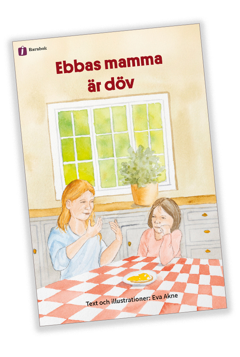 Illustration av ett barn och en vuxen som kommunicerar med teckenspråk vid ett köksbord.