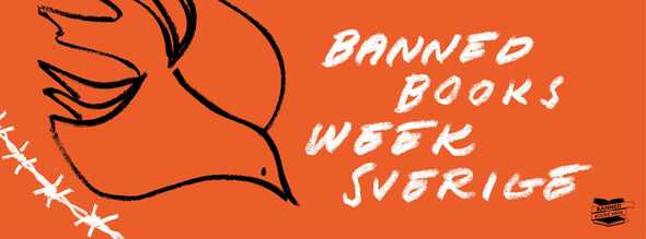 Banned Books Week Sveriges logotyp med en stiliserad fågel och en taggtråd mot orange bakgrund.
