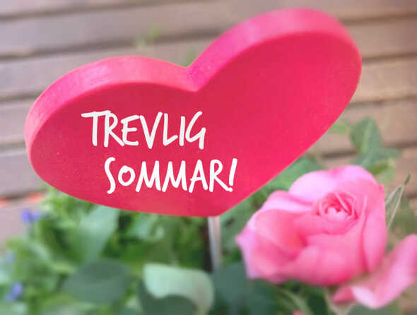 Rosa hjärta på en pinne, nedstoppad i en blomrabatt och med texten Trevlig sommar.