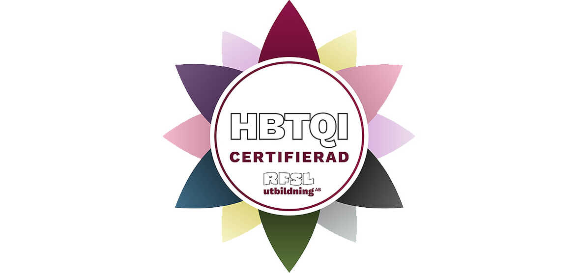 Logotyp med texten "HBTQI-certifierad RFSL utbildning" omgiven av en stjärnformad mångfärgad bakgrund.
