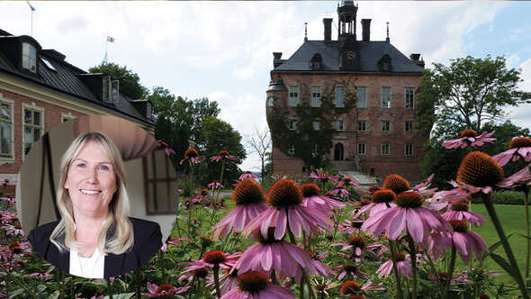 Ett gammalt slott omgivet av rosenskäror med ett porträtt av en kvinna.