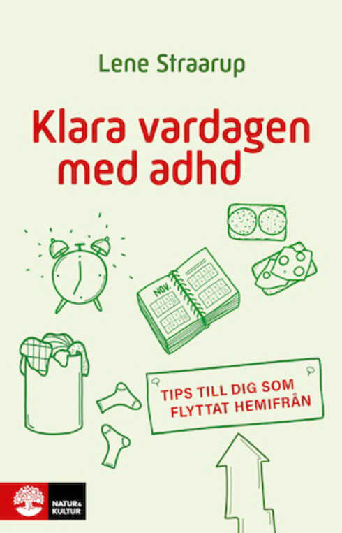 Omslag till boken "Klara vardagen med ADHD" med illustrationer av vardagliga föremål och texter.