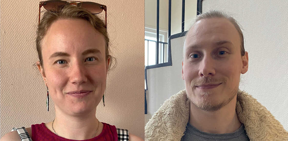 Porträtt av en ung kvinna med glasögon på huvudet och en ung man med ljust hår, båda ler mot kameran.