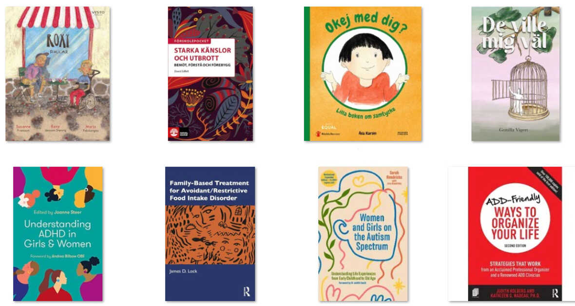 Collage av olika bokomslag inom olika genrer.