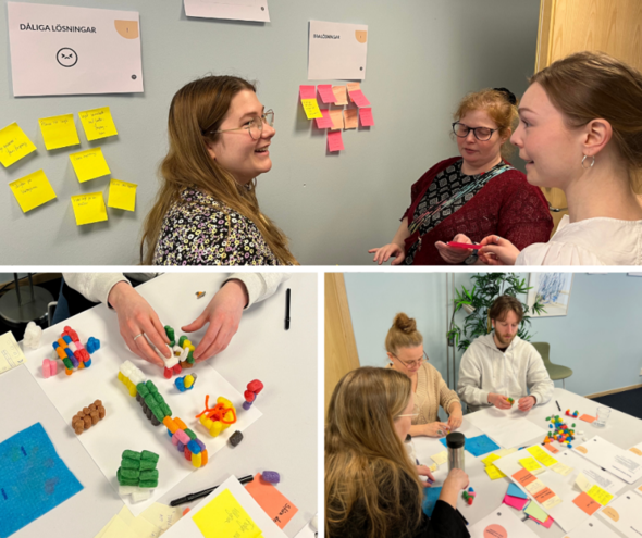 Bildcollage. En bild visar tre personer som står framför en vägg med post it-lappar. En andra bild visar två händer som bygger med lera i olika färger och en tredje bild visar tre personer som sitter vid ett bord med lappar i olika färger.