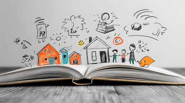 En uppslagen bok ligger på ett bord med skissade bilder av hus, figurer och annat klotter ovanför.